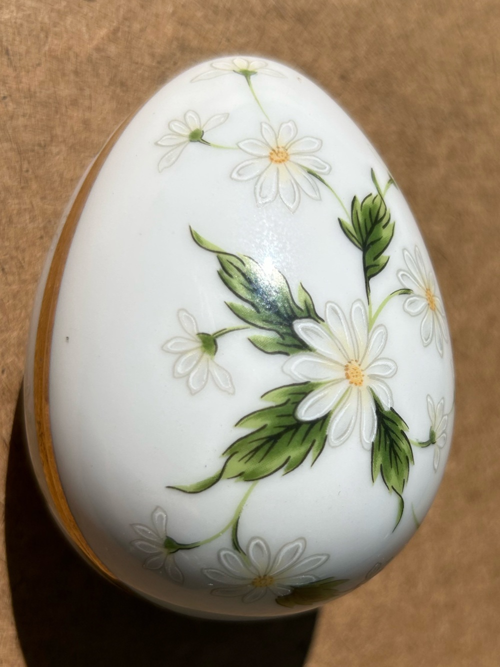 Vintage Trinket Box Egg Floral Gold Decorative White Porcelain Handpainted 2.5”